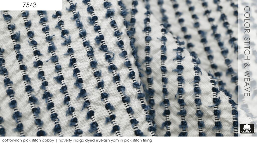 cotton-rich pick stitch dobby | novelty indigo dyed eyelash yarn in pick stitch filling
