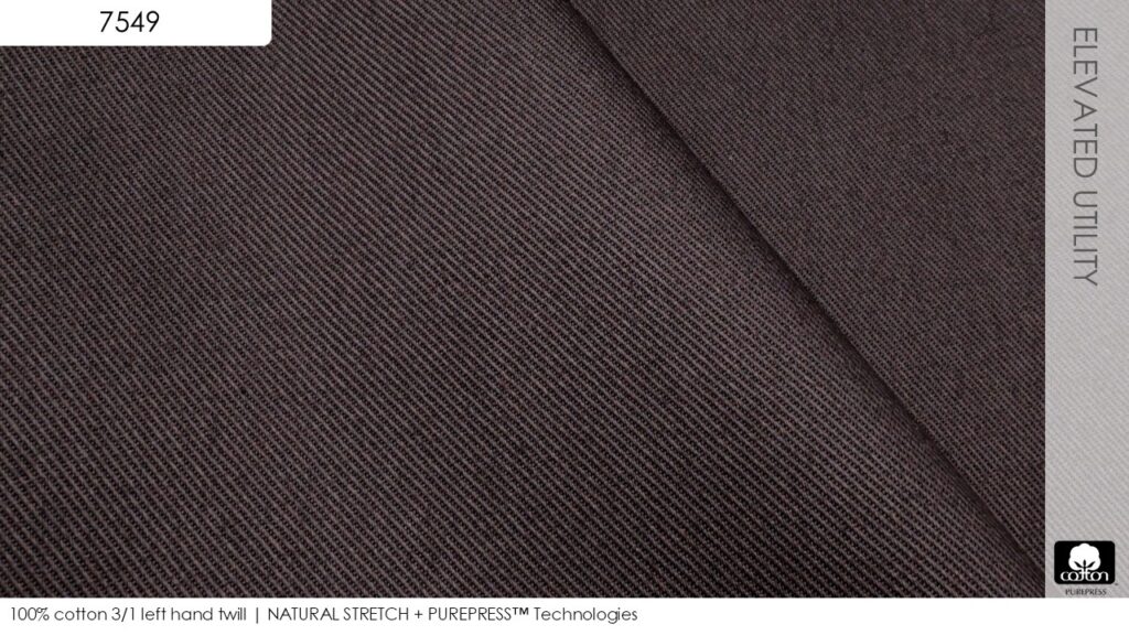 100% cotton 3/1 left hand twill | NATURAL STRETCH + PUREPRESS™ Technologies	
