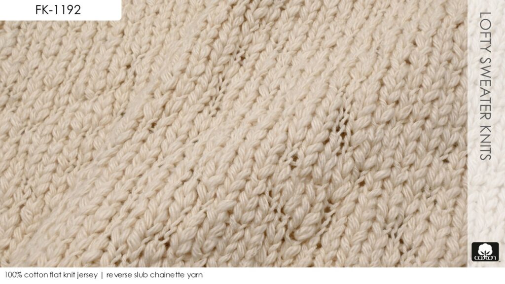 100% cotton flat knit jersey | reverse slub chainette yarn
