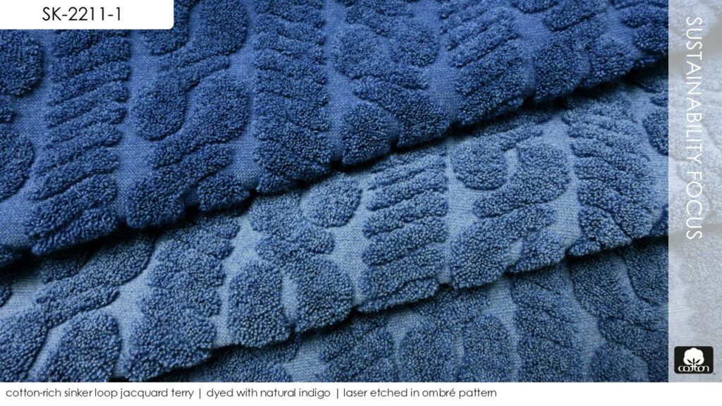 cotton-rich sinker loop jacquard terry | dyed with natural indigo | laser etched in ombré pattern
