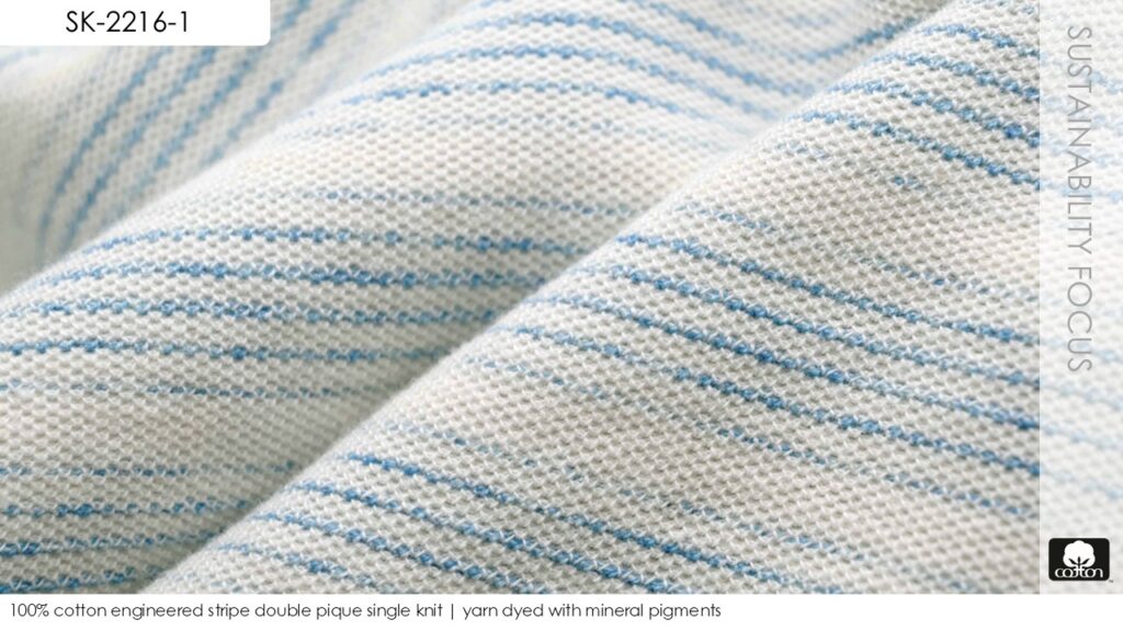 100% cotton engineered stripe double pique single knit | yarn dyed with mineral pigments
