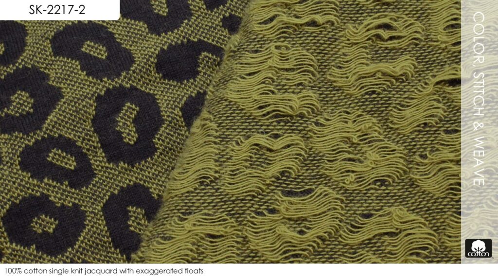 100% cotton single knit jacquard with exaggerated floats
