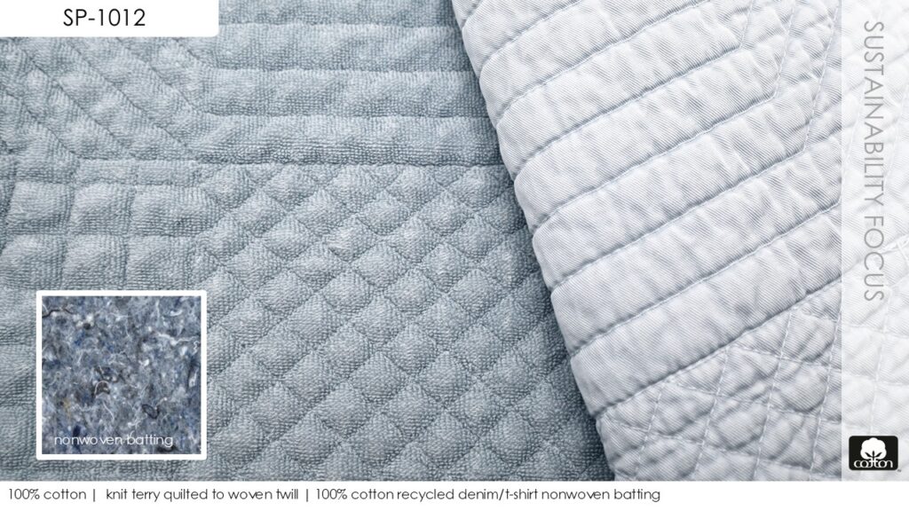 100% cotton |  knit terry quilted to woven twill | 100% cotton recycled denim/t-shirt nonwoven batting
